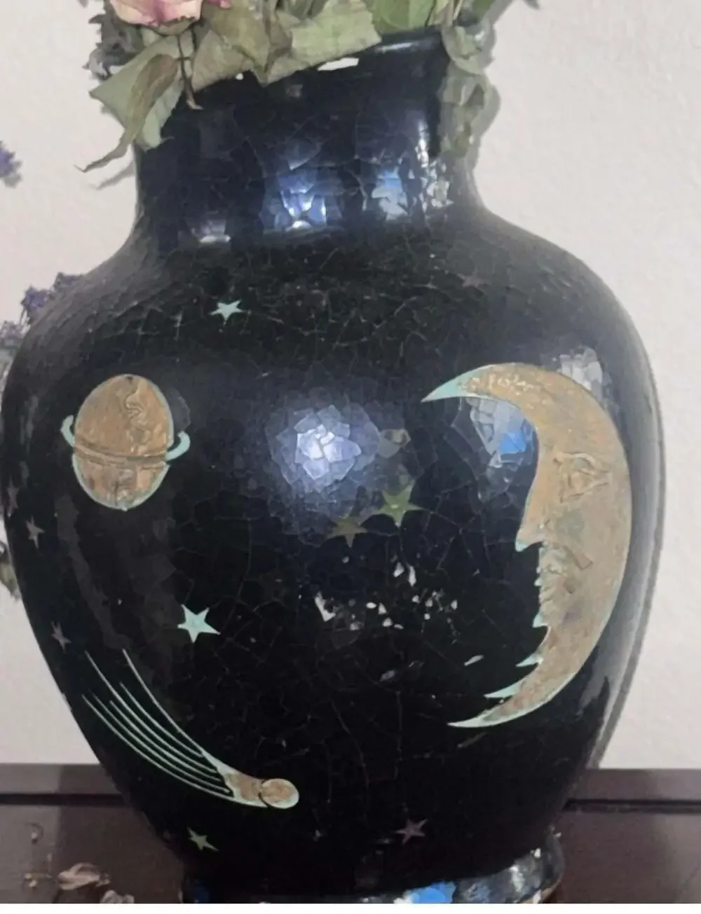 Vintage Celestial Vase Engraved Lacquer Sun Face Moon Star Astrology Tarot 12.5